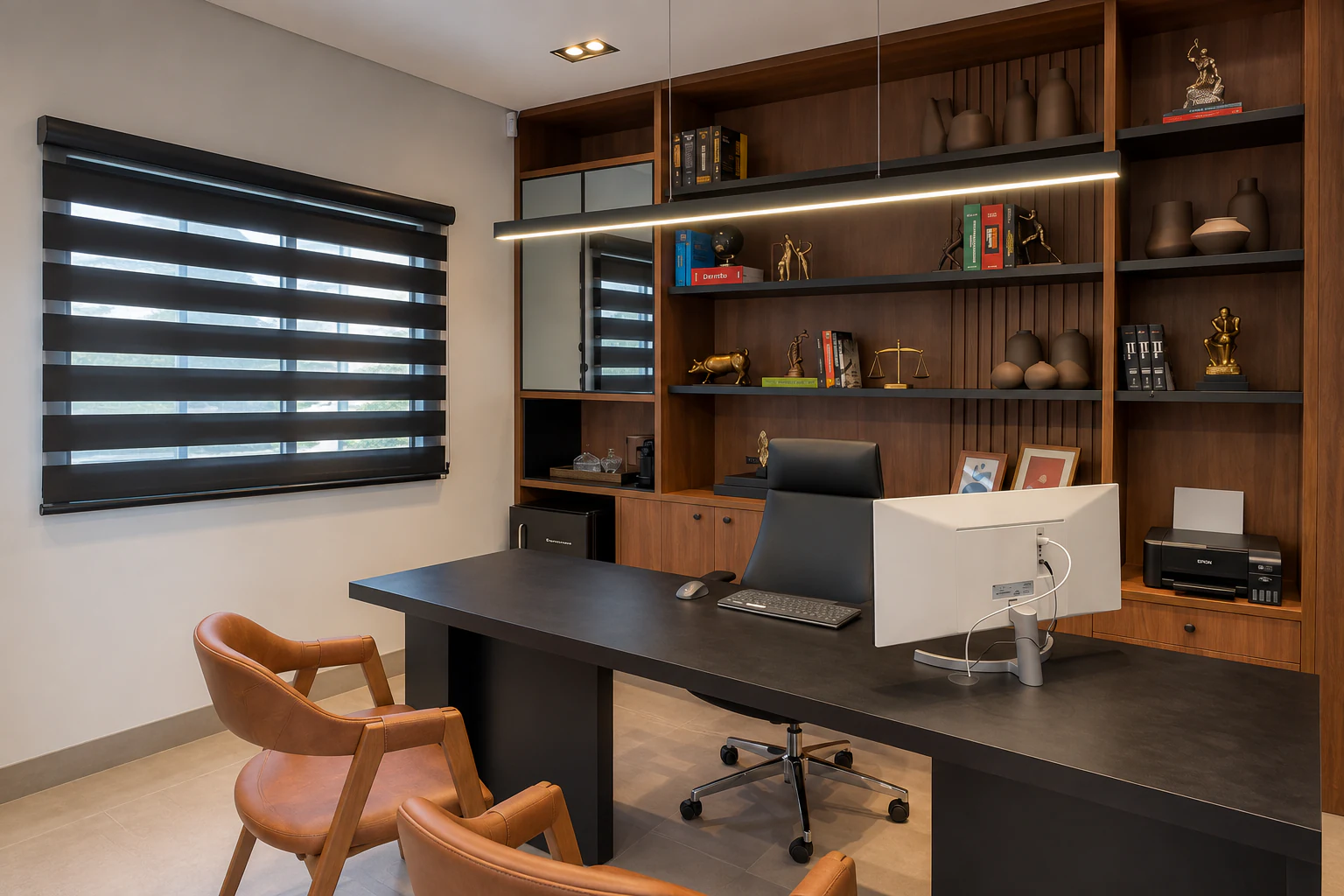 Gabinete da unidade de Irecê, com estante de livros jurídicos e mesa de trabalho em madeira escura.